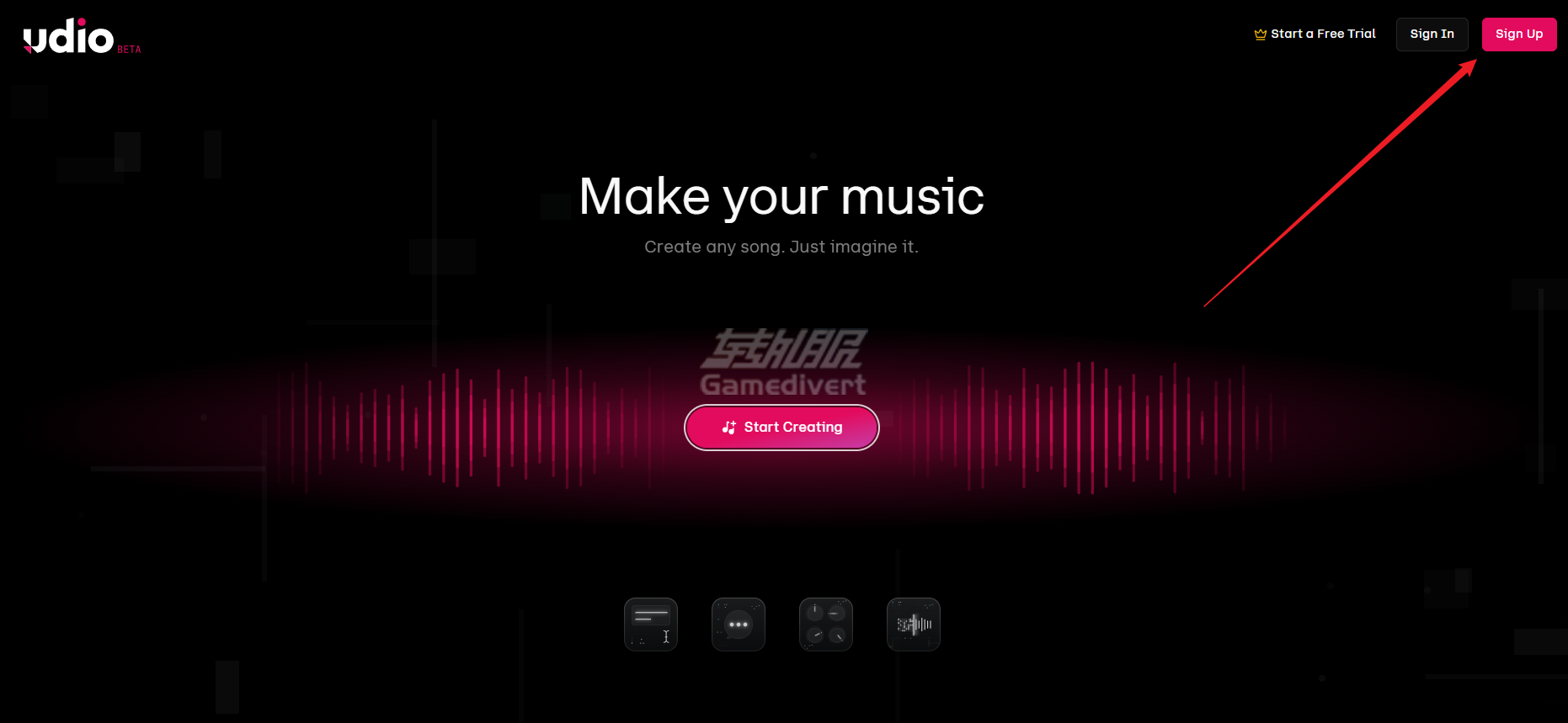 点击右上角的sign up 进行注册 Udio,AI音乐生成器,Udio教程,AI作曲工具,文本生成音乐,免费音乐创作,AI人声合成,中文歌词生成,AI音乐社区,Udio怎么用,Udio会员如何订阅,Udio会员充值,Udio官网,Udio中文版
