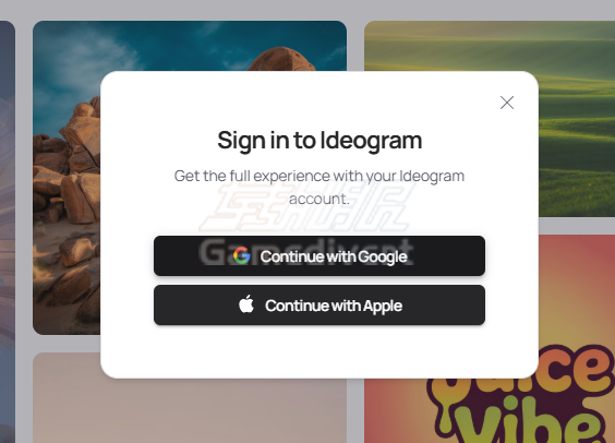 支持使用谷歌或者是苹果id进行登录 Ideogram,Ideogram 3.0, Ideogram AI, AI文字生成工具, AI海报设计,Ideogram vs Midjourney,Ideogram官网,Ideogram下载,Ideogram如何使用,Ideogram会员订阅,Ideogram账号注册