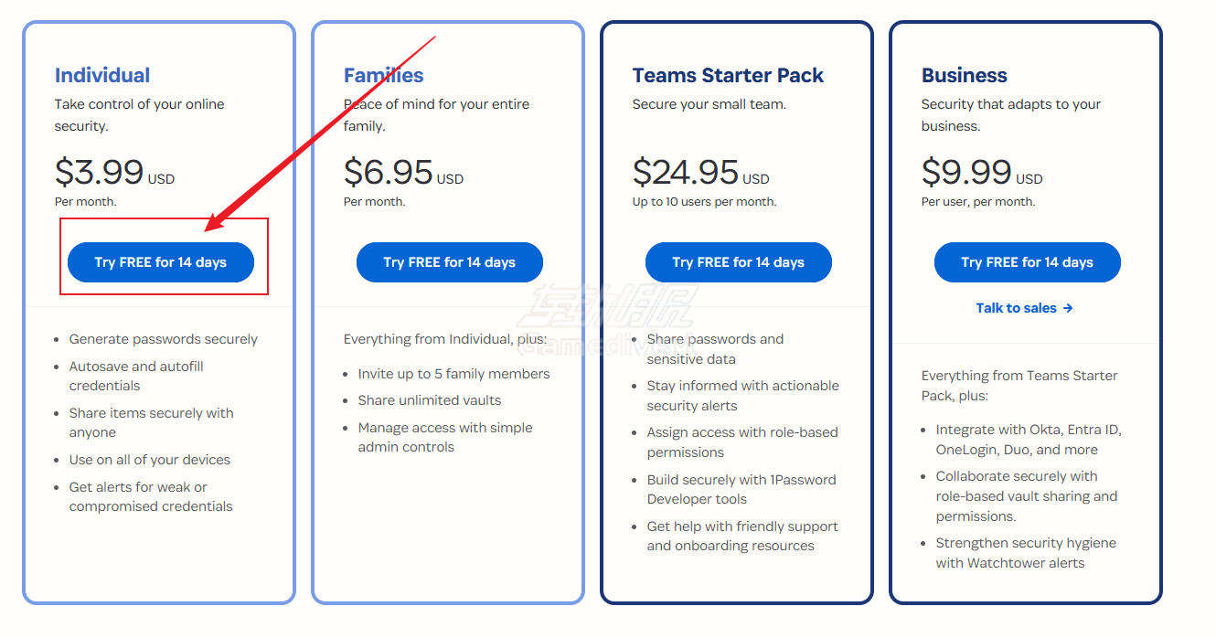 访问 1Password 官网点击试用按钮 1Password, 密码管理器, 密码管理教程, 1Password注册, 1Password使用指南, 1Password安全设置, 1Password企业版, 1Password家庭版, 密码管理神器, 1Password官网,1Password如何使用,1Password会员订阅,1Password代购