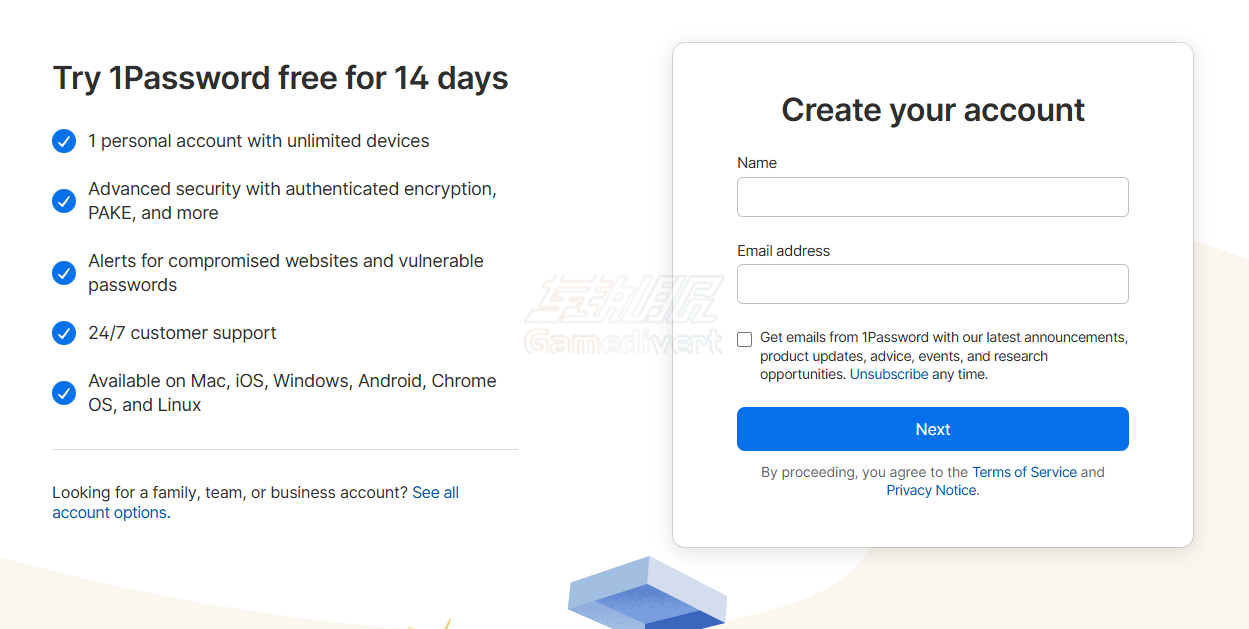 填写注册信息,包括姓名和有效邮箱地址 1Password, 密码管理器, 密码管理教程, 1Password注册, 1Password使用指南, 1Password安全设置, 1Password企业版, 1Password家庭版, 密码管理神器, 1Password官网,1Password如何使用,1Password会员订阅,1Password代购