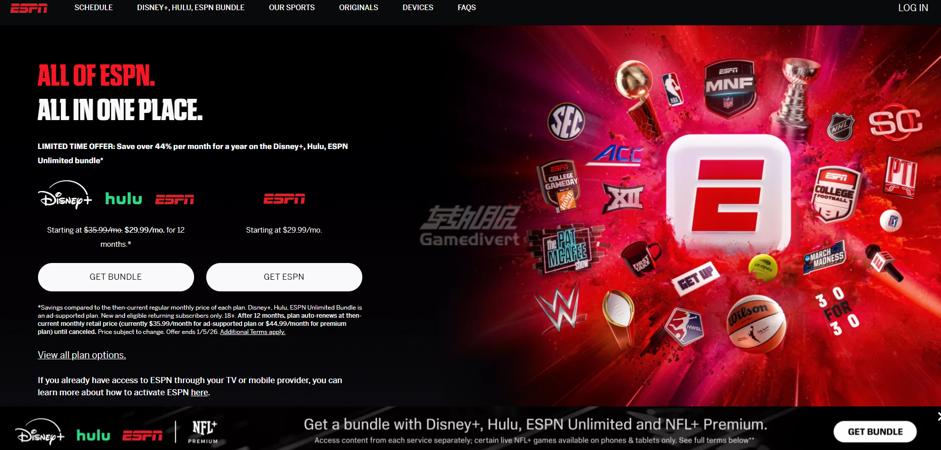 ESPN,ESPN+,ESPN+共享账号,ESPN+订阅,ESPN+内容,ESPN与ESPN+区别,Hulu + Live TV,ESPN3,ESPNU,ABC频道,体育赛事直播,英格兰足球联赛,Disney+捆绑包,如何观看ESPN,ESPN+月费,ESPN+设备支持